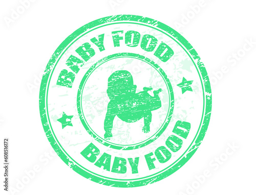 Green grunge rubber stamp with baby shape and the text baby food written inside the stamp