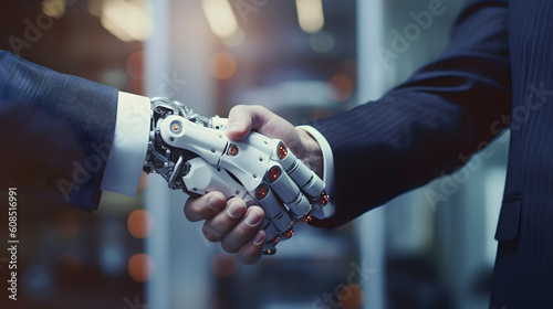 Handshake between futuristic cyborg robot and human hands. Future and communication concept. Robot and Man Shaking Hands close up. Generative AI © zeenika