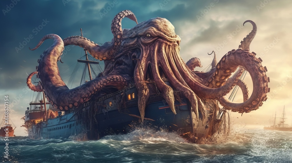 Obraz premium A giant octopus perched on a boat in the middle of the sea. Generative ai