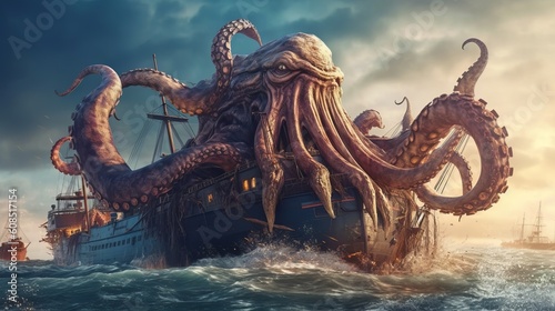 A giant octopus perched on a boat in the middle of the sea. Generative ai © LabirintStudio