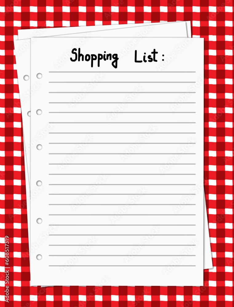 Vector illustration of a blank shopping list on a red and white tablecloth, vector illustration Vector illustration of a blank shopping list on a red and white tablecloth, vector illustration