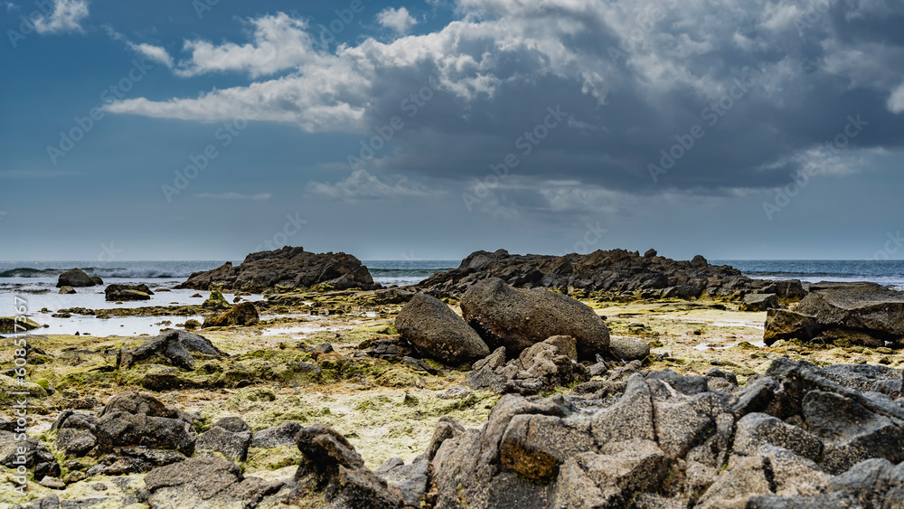 The seabed was exposed at low tide. Green algae and attached mollusks are visible on the weathered rocks. Clouds in the blue sky. Seychelles. Mahe.