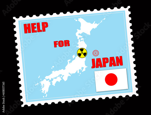 Postal stamp with Japan map with danger on an atomic power station  and seismic epicenter