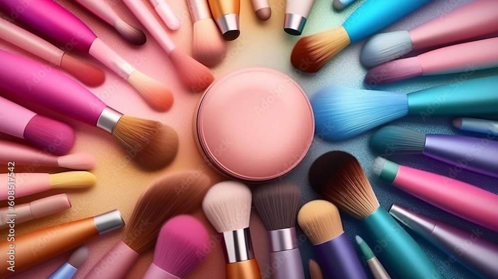 Makeup brushes arranged in a circular pattern. Generative ai Makeup brushes arranged in a circular pattern. Generative ai