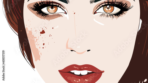Vector image of a woman with long eyelashes and a smiling expression. Illustrated is in color.