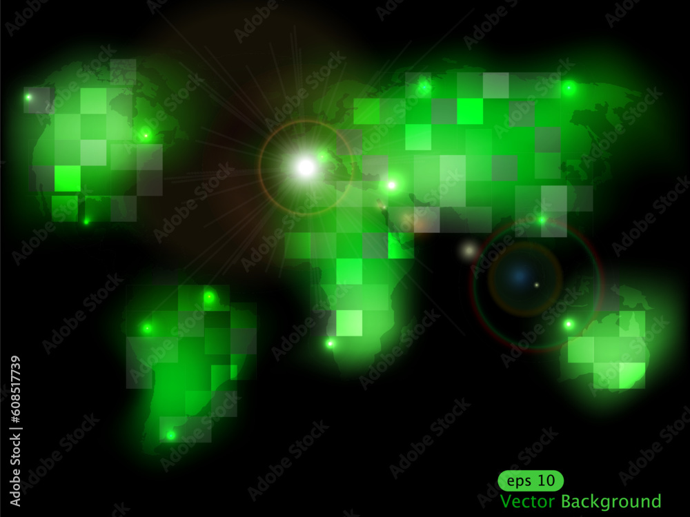 Vector green world map with bright light
