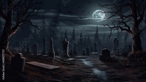 A spooky cemetery illuminated by the full moon at night. Generative ai