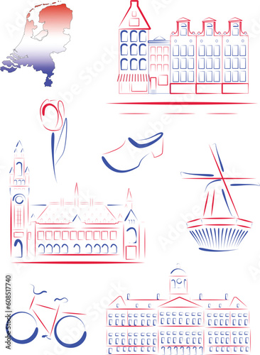 Set of vector drawn stylized sights and symbols of Netherlands