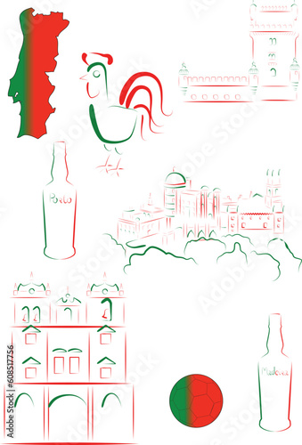 Set of vector drawn stylized sights and symbols of Portugal