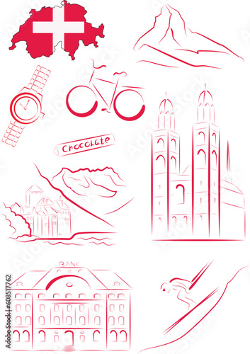 Set of vector drawn stylized sights and symbols of Switzerland