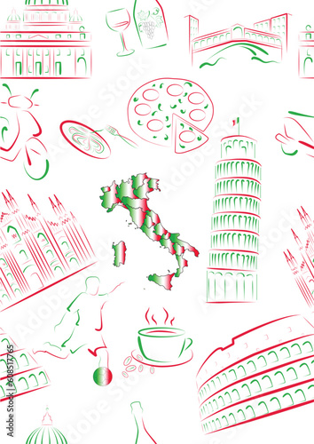 Set of vector drawn stylized sights and symbols of Italy. Seamless.
