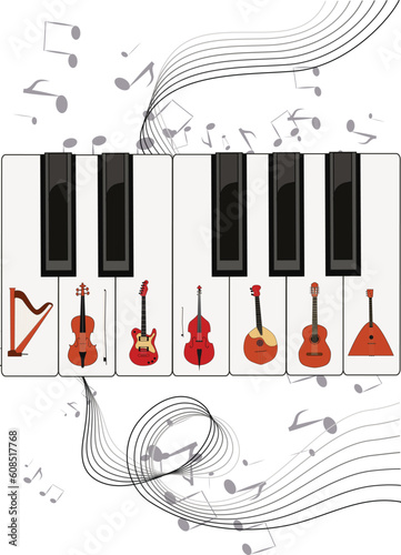 Vector pattern of string musical instruments placed on piano keys with notes spinning in dance around the keyboard.