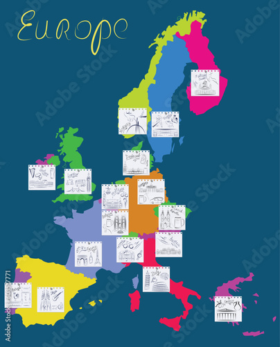 Map of Europe with countries marked with pinned notebook sheets with  hand drawn  main sights and symbols of Each country. Vector illustration.