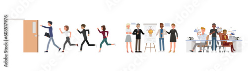 Set of office man and woman character vector design. Business people working in office planning, thinking and economic analysis.