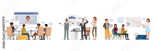 Set of office man and woman character vector design. Business people working in office planning, thinking and economic analysis.