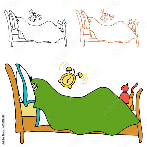 An image of a man hiding under the covers of his bed while his alarm clock is ringing.