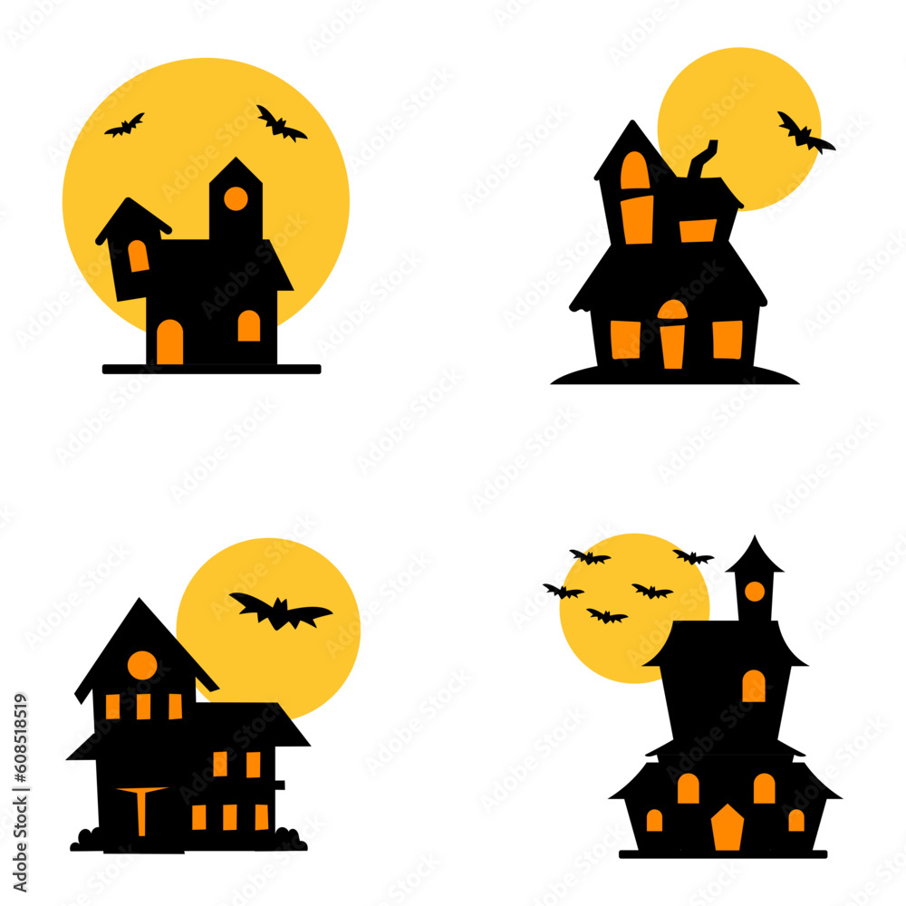 Haunted House silhouette illustration collection. scary halloween house bundle decoration set.