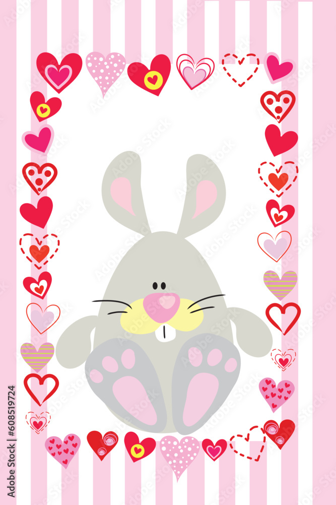grey funny rabbit with hearts on striped background grey funny rabbit with hearts on striped background