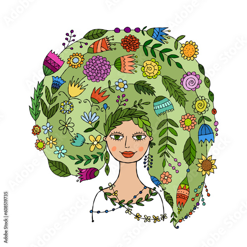 Floral concept art with fairy woman portrait design. Creative vector illustra...