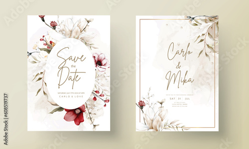 beautiful watercolor wedding invitation card with elegant bohemian flower and foliage
