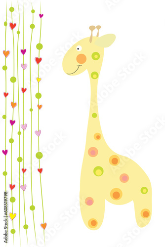 funny cute giraffe and hearts on white background