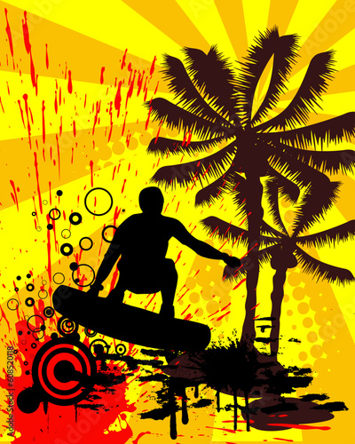 vector eps 10 illustration of a wakeboarder silhouette on an abstract summer background