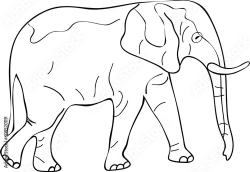 Standing Elephant Sketch. Black White Vector Illustration