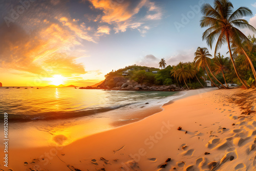 Tropical beach panorama at sunset