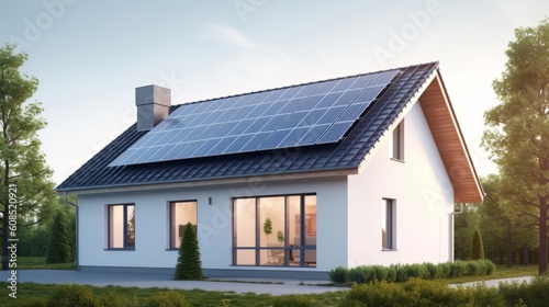 A modern house with solar panels installed on the roof. Generative ai