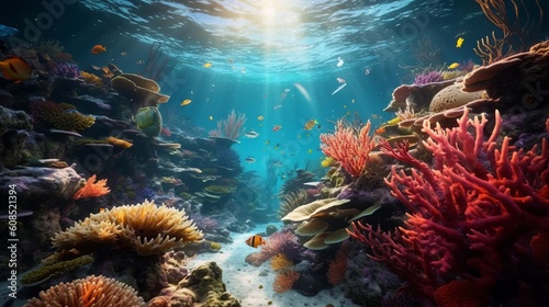 A vibrant coral reef teeming with colorful fish in an underwater setting. Generative ai
