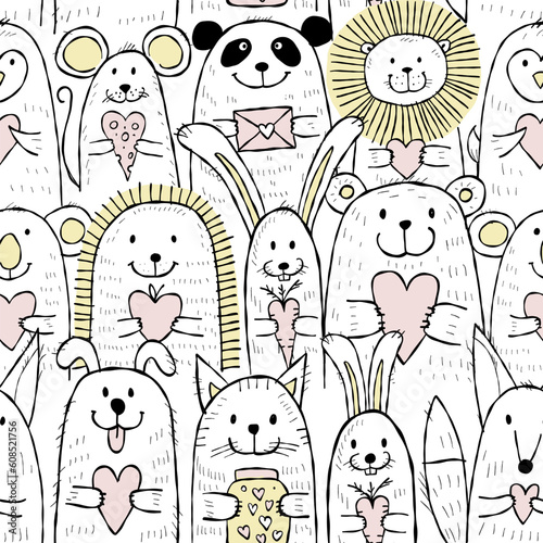 Cute animals with hearts in hands together. Be my Valentine. Valentine's day ...