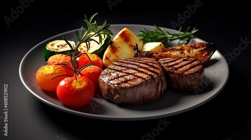 Close-up of a perfect looking delicious plate of perfectly cooked medium-rare steak, served with roasted vegetables and a rich, flavorful sauce. Generative ai