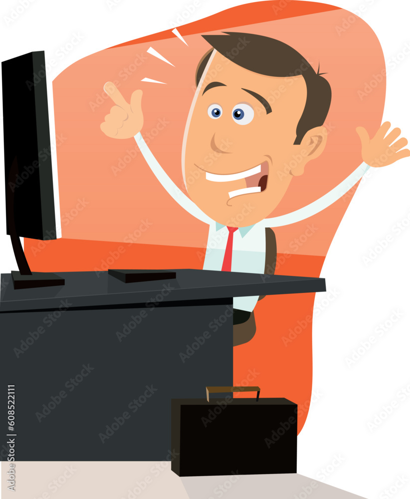 Illustration of a cartoon happy man finding what he wants on the web Illustration of a cartoon happy man finding what he wants on the web