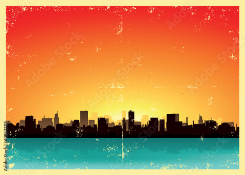 Illustration of a grunge city landscape in the summer