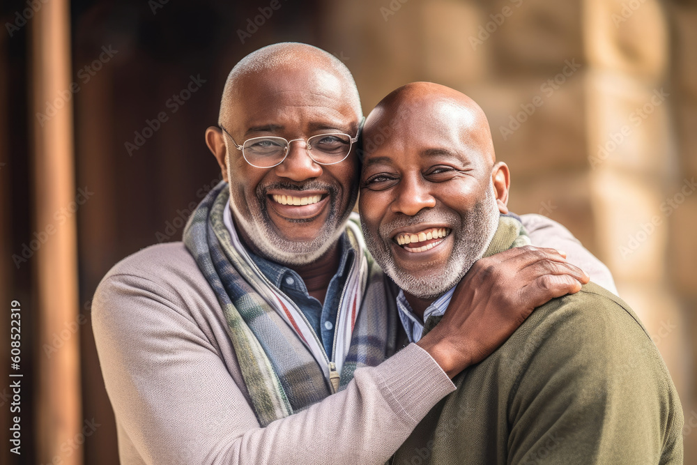 Smiling senior african gay couple hugging. Generative AI.