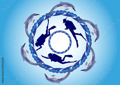 Abstract underwater landscape. Three scuba diving swim among dolphins