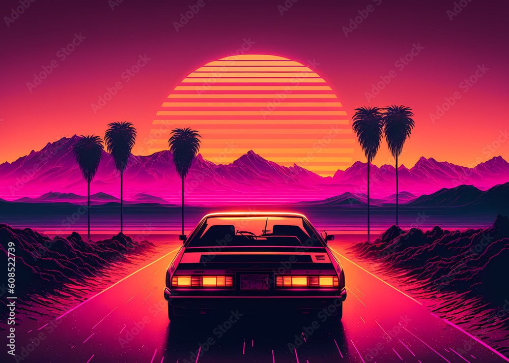 Synth wave of a nice Japanese car with amazing sunset view. AI Generated.