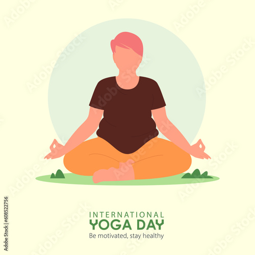 21 June International Yoga Day banner or poster with plus size woman in meditation yoga poses on greensward. Flat cartoon in yoga or asana poses. 