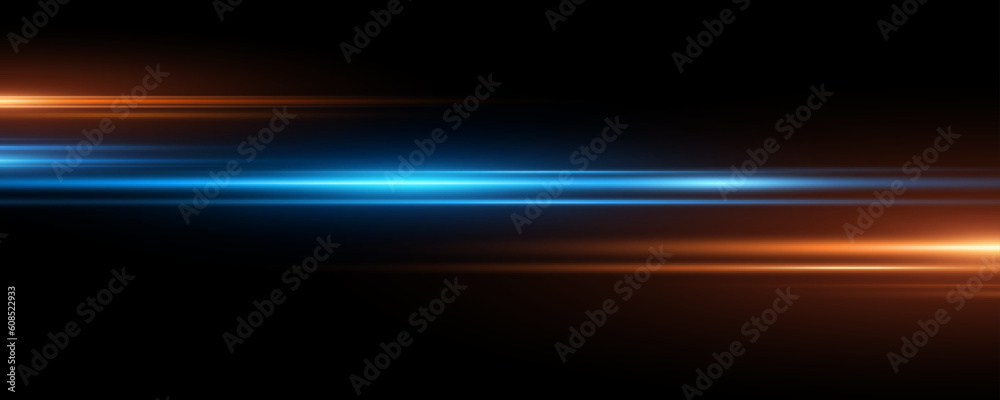 Light effect with orange and blue galres isolated on black background. Horizontal abstract flash. Lens flare. Vector illustration.