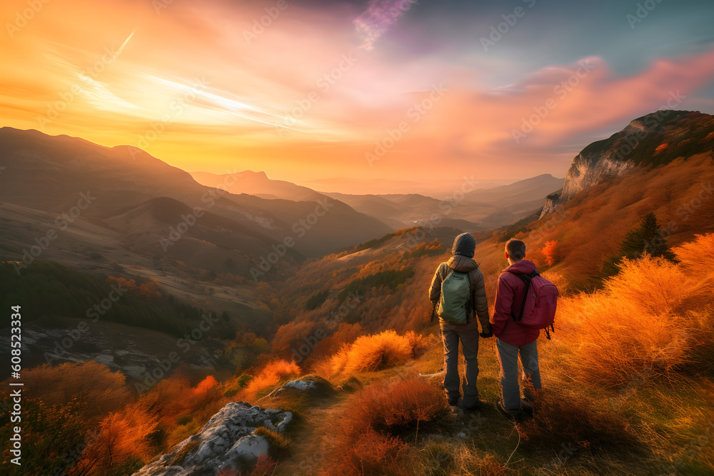 couple admiring beautiful view sunset mountain valley