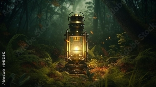 A rustic lantern hanging from a tree in the midst of a dark forest. Generative ai