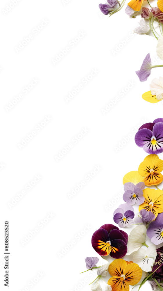 delicate pansy petals as a frame border, isolated with negative space for layouts