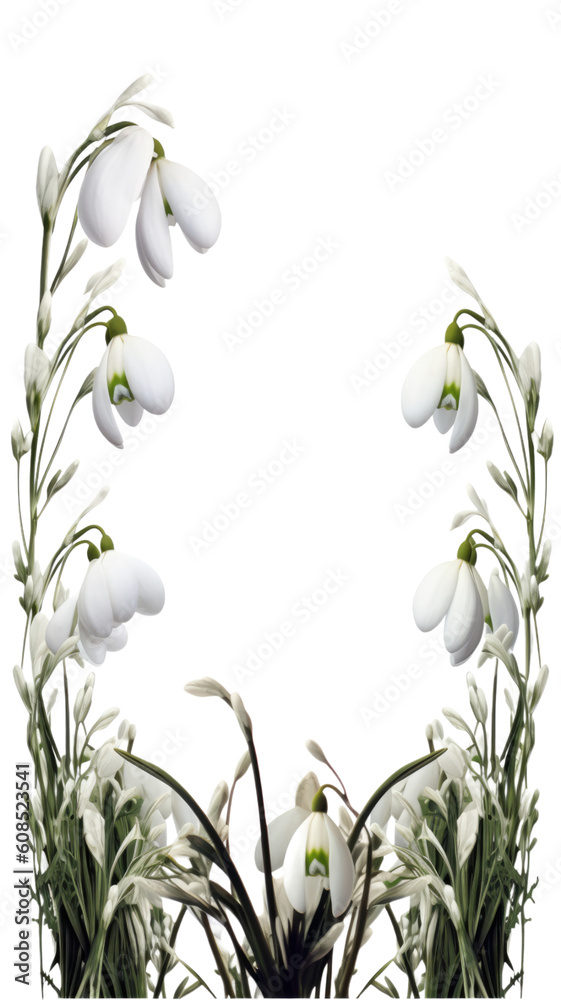 delicate snowdrop flowers as a frame border, isolated with negative space for layouts