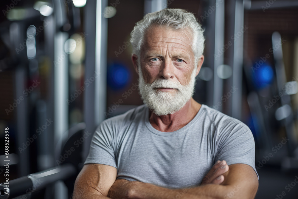 Portrait of senior caucasian fit man in gym. Generative AI. Portrait of senior caucasian fit man in gym. Generative AI.
