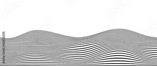 Wavy black stripes background. Curve thin lines pattern. Abstract contour texture. Landscape terrain concept. Vector wallpaper.