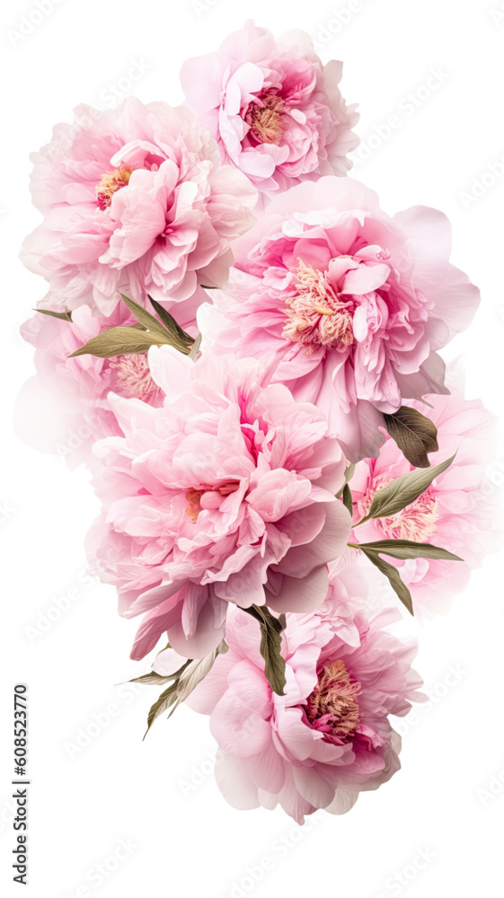 radiant peony blossoms as a frame border, isolated with negative space for layouts