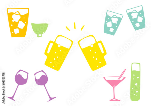 Set of hand drawn drinks. Drinks, cocktails, beer, wine, 
 alcoholic beverages. cheers. Vector illustration. 