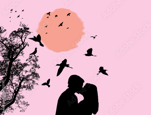 Couple kissing at pink sunset on the park, background vector illustration