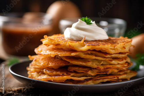 Polish placki Ziemniaczane potato pancakes are served on a plate. (Generative AI)