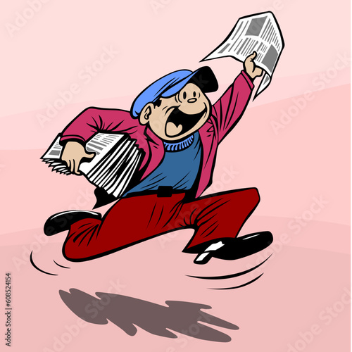 A newshawker running with the sensation on rosy background